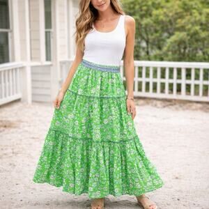 Aspiga London Skirt Small Green Floral Tiered Maxi Organic Cotton Boho Cottage